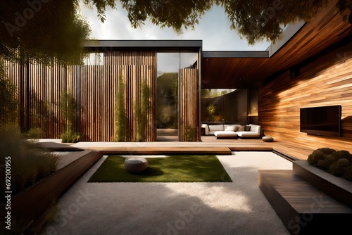 A serene backyard featuring a wooden wall of a modern house.  © Resonant Visions