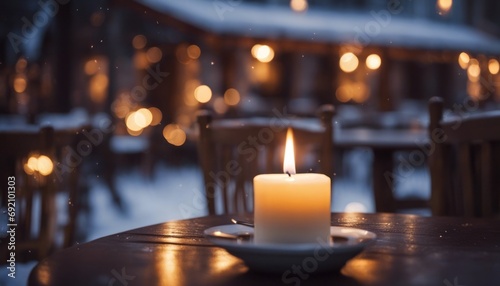 Lit up candle at an outdoor table of a restaurant in winter, cosy atmosphere, selective focus