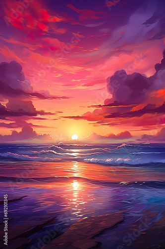 sunset with idyllic purple and pink dramatic clouds over ocean or sea water, gorgeous sunrise over oceania