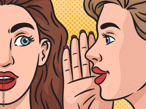 woman whispering gossip in woman ear pinup hand drawn pop art retro vector illustration. Comic book style imitation.