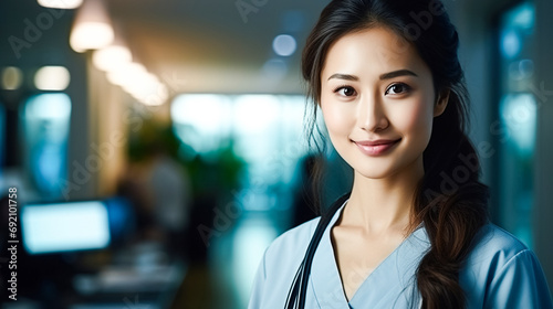 Portrait of an Asian woman, doctor, against the backdrop of hospital corridor. Doctor therapist, smiles looks at camera.