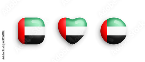 United Arab Emirates Official National Flag 3D Vector Glossy Icons In Rounded Square, Heart And Circle Form Isolate On White. UAE Sign And Symbols Graphic Design Elements Volumetric Buttons Collection