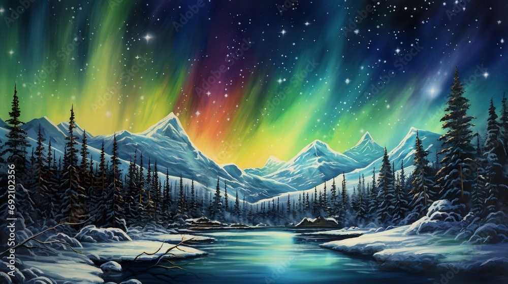 majestic colorful aurora borealis over snowy winter mountains, amazing natural phenomenon - obrazy, fototapety, plakaty 