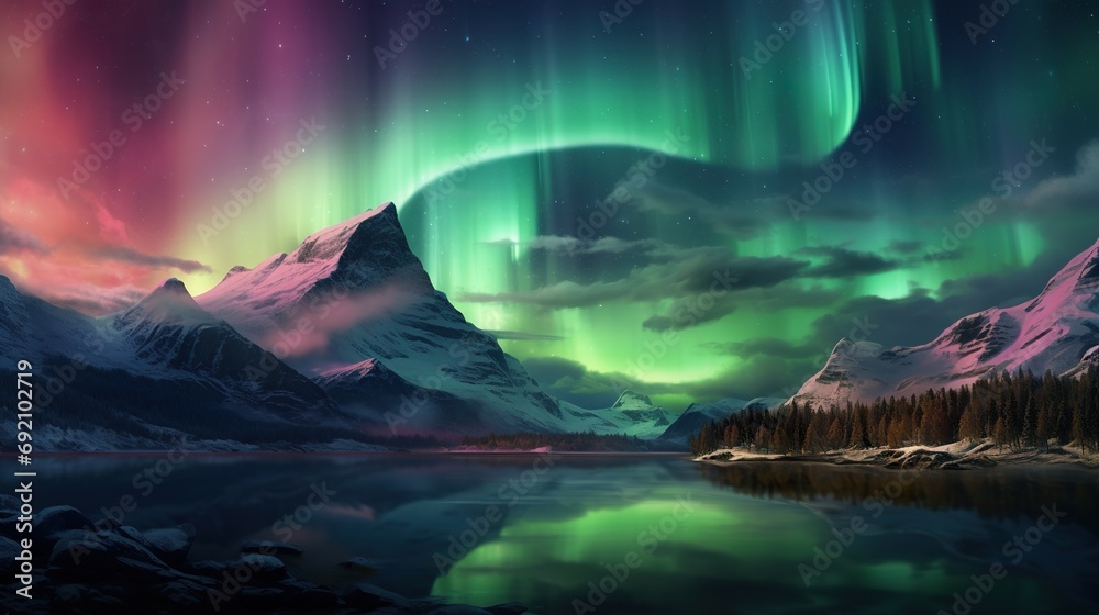 majestic colorful aurora borealis over snowy winter mountains, amazing natural phenomenon
