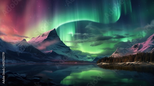 majestic colorful aurora borealis over snowy winter mountains, amazing natural phenomenon