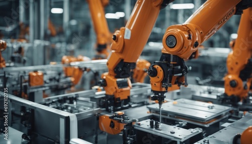 Orange Robotic arm manufacturing Electric vehicle battery at a giga factory photo
