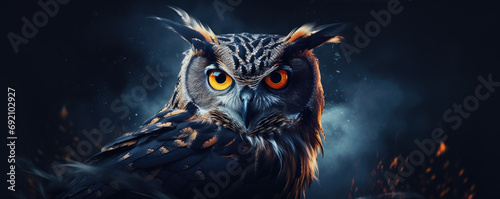 Funny owl portrait against dark night background. eagle-owl head detail. © Michal