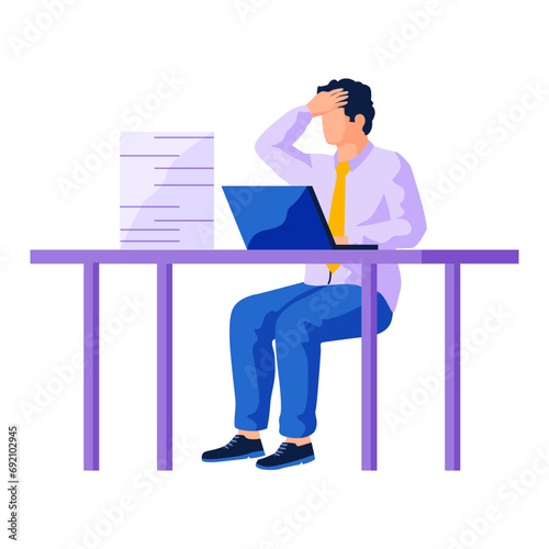 Lot of work, shocked man sitting at table with computer and stack of documents. Information overload or job burnout with stress and chaos. Busy businessman with panic about many duties and tasks