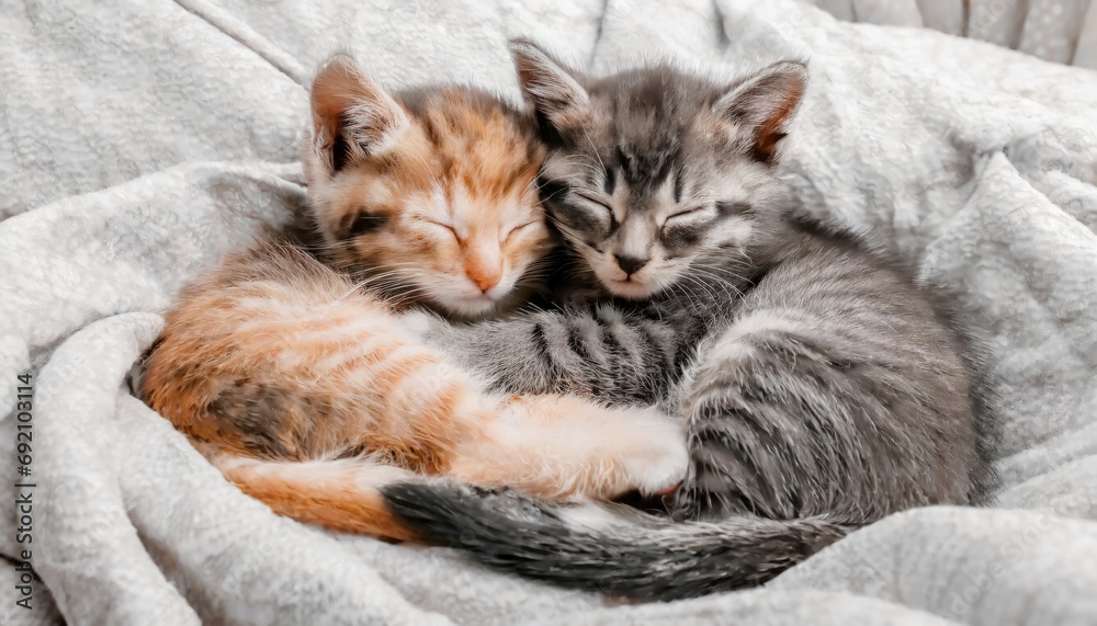 Two kittens are sleeping in bed, hugging each other.Generated with AI