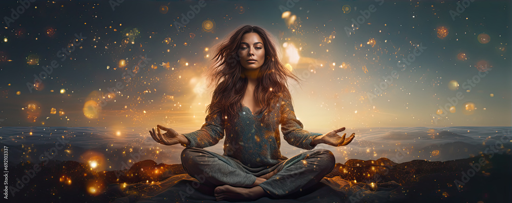 Woman practicing yoga and Practicing Breathing Exercise. relaxed with sunglasses against abstract glow light space background. Mindful meditation concept Woman practicing yoga and Practicing Breathing Exercise. relaxed with sunglasses against abstract glow light space background. Mindful meditation concept