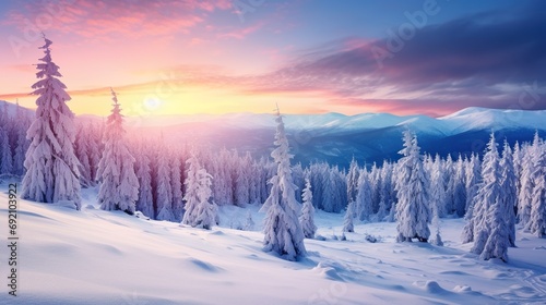 beautiful winter landscape with snowy mountains and fir tree forest, slope with snow scenery © goami