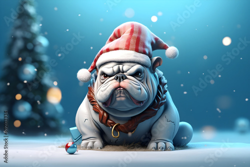 Blue christmas background with bulldog dog photo