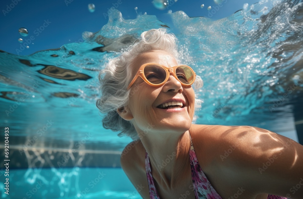 an older woman in a swimming pool smiling