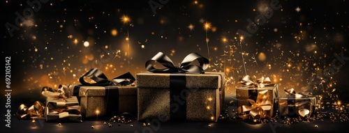 black background with golden gifts and sparks