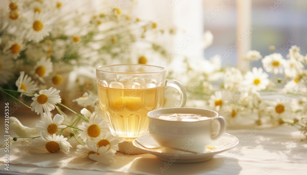 chamomile tea and flowers on the table chamomile tea and flowers on the table