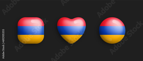 Armenia Official National Flag 3D Vector Glossy Icons In Rounded Square, Heart And Circle Form Isolated On Background. Armenian Sign And Symbols Graphic Design Elements Volumetric Buttons Collection