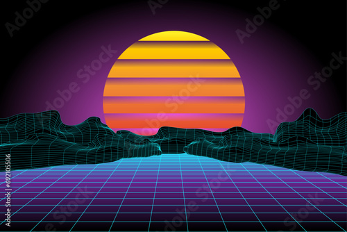 Retro background futuristic landscape 1980s style. Digital retro cyber surface. 80s party background . Sci-Fi Background. Retro cyberpunk. photo