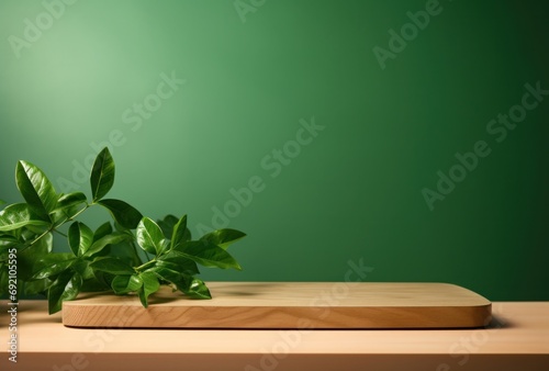 chopping board with green leaves on a green background