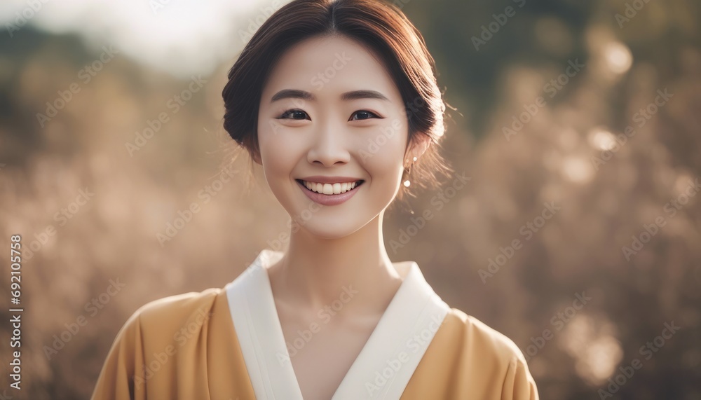 Portrait of a joyful fictional Japanese woman smiling. Graceful and elegant lady. Natural beauty. for skincare, cosmetic, model Portrait of a joyful fictional Japanese woman smiling. Graceful and elegant lady. Natural beauty. for skincare, cosmetic, model