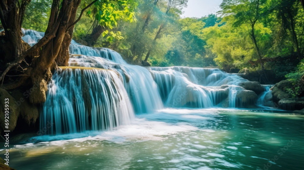 Obraz premium Beautiful waterfall surrounded by trees and plants in the forest. Ai generative.