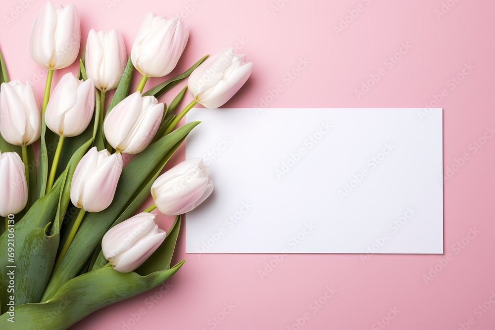 Fototapeta premium mockup white blank paper sheet with tulips flowers top view on pink background,floral template empty card flat lay for design with copy space