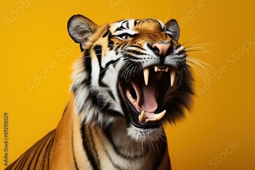 portrait of a roaring tiger on an yellow background photo