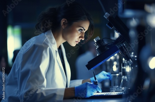female doctor working at chemistry laboratory in a microscope