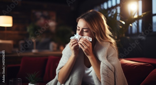 female young woman sneezing with white allergy nasal tissue on a couch