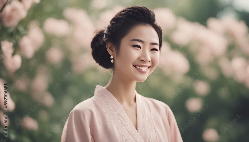 Portrait of a joyful fictional Japanese woman smiling. Graceful and elegant lady. Natural beauty. for skincare, cosmetic, model Portrait of a joyful fictional Japanese woman smiling. Graceful and elegant lady. Natural beauty. for skincare, cosmetic, model