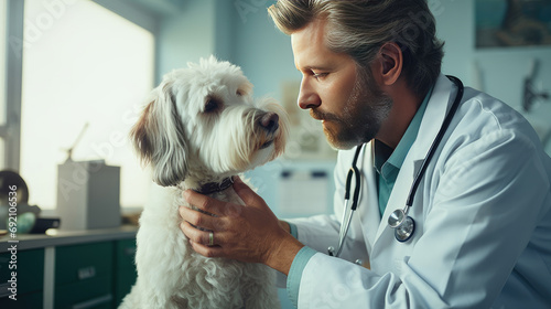 senior veterinarian examining a dog (poodle), in his office