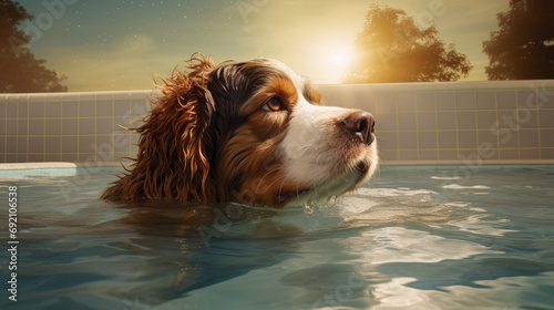 dog swimming in the pool in his yard