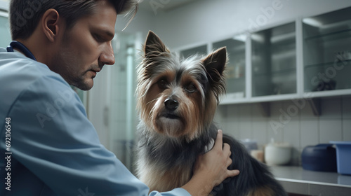 Veterinarian examining a dog (Yorkshire), in his office