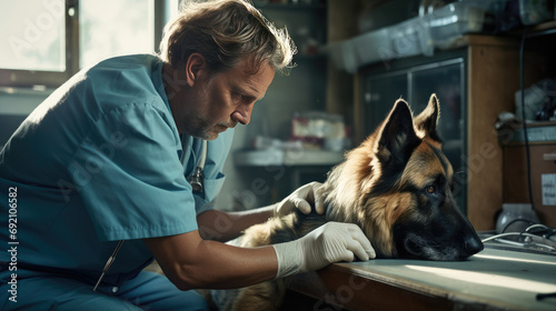 Veterinarian examining a dog (German Shepherd)