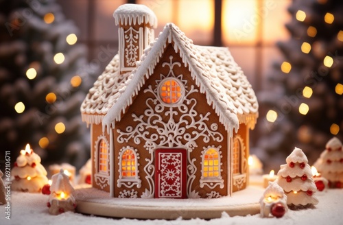 ginger houses with decorations in front of a bright background