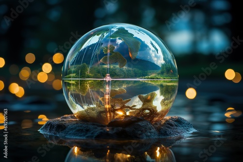 Transparent globe mirrors a lush landscape, symbolizing fragile earth photo