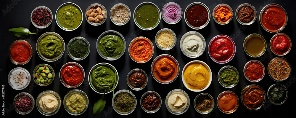 chutney set or collection in bowls on black background, top view, chutney set or collection in bowls on black background, top view,