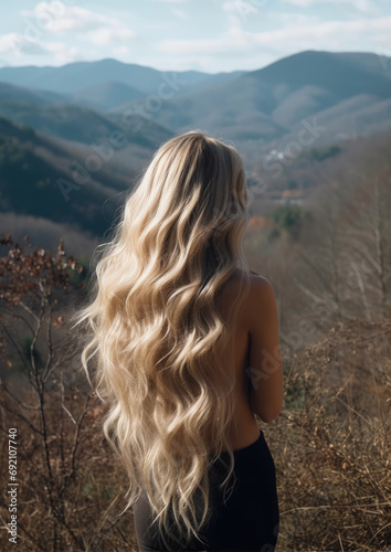 Woman with long wavy blond hairs with nature in background. Dense long blonde hair rear view