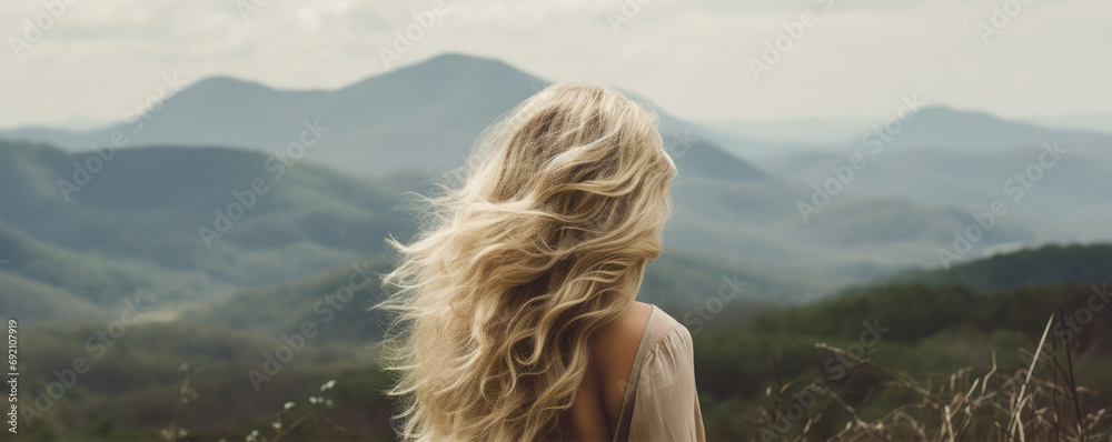 Woman with long wavy blond hairs with nature in background.  Dense long blonde hair rear view - obrazy, fototapety, plakaty 