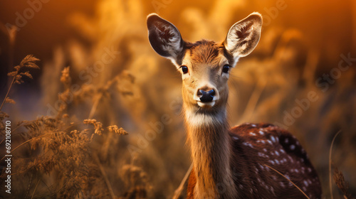 Young deer in the meadow at sunset. Beautiful animal portrait. © E3DMedia