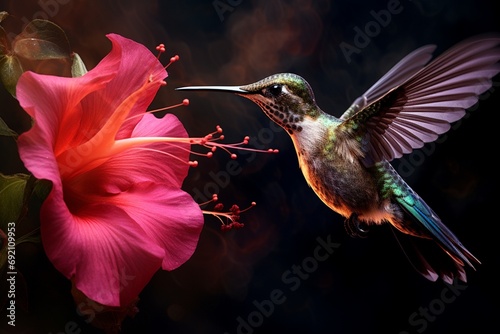 A hummingbird collecting nectar from a brilliant fuchsia hibiscus flower. © MalikAbdul