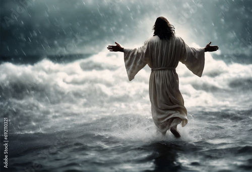 Cristo che cammina sulle Acque durante la tempesta, concetto della Pasqua photo