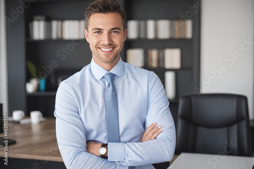 Portrait of confident Business man with arms crossed in formal wear crossed looking at camera Office Background, CEO, Employee, Manager executive director 