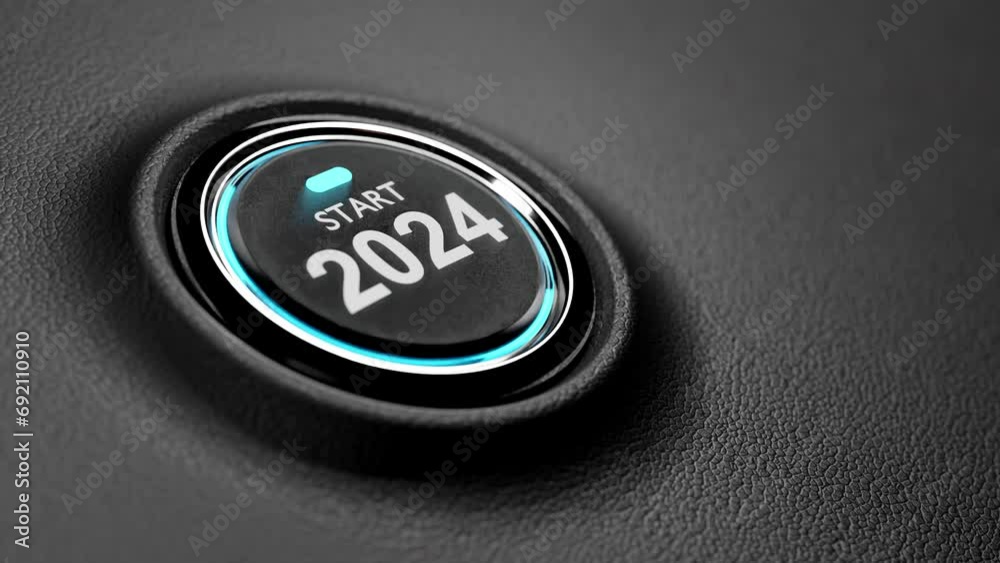 Finger about to press a car ignition button with the text 2024 start.happy new year 2024 start new project.concept of start with strategy,win,plan,goal and objective target
