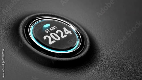 Finger about to press a car ignition button with the text 2024 start.happy new year 2024 start new project.concept of start with strategy,win,plan,goal and objective target photo