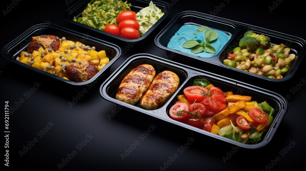 Top view of plastic rectangular open containers of ready-to-eat or convenience foods. Useful daily rations to order food, delivery of ready meals on black background.