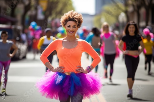 beautiful young woman with afro hairstyle and multicolored skirt on street
