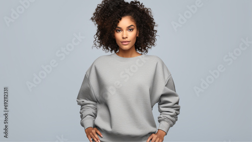 young black woman model with braids black hair wearing blank sport grey gildan sweat shirt mockup, blank sport grey sweat shirt , model photo