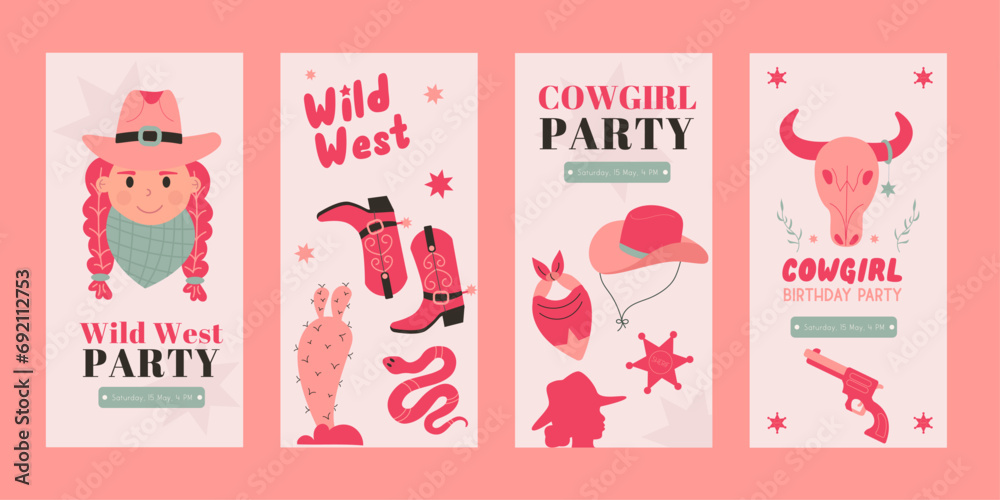 Flat style wild west cowgirl party instagram story collection