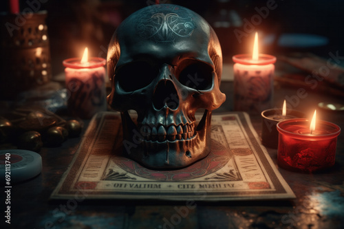 Generative AI image of an eerie esoteric altar with skull photo
