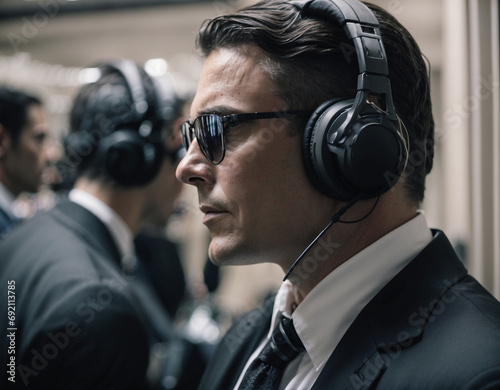 Secret service agent in headphones, listening to phone talks amidst IT equipment. Suitable for cybersecurity training materials and espionage-related presentations